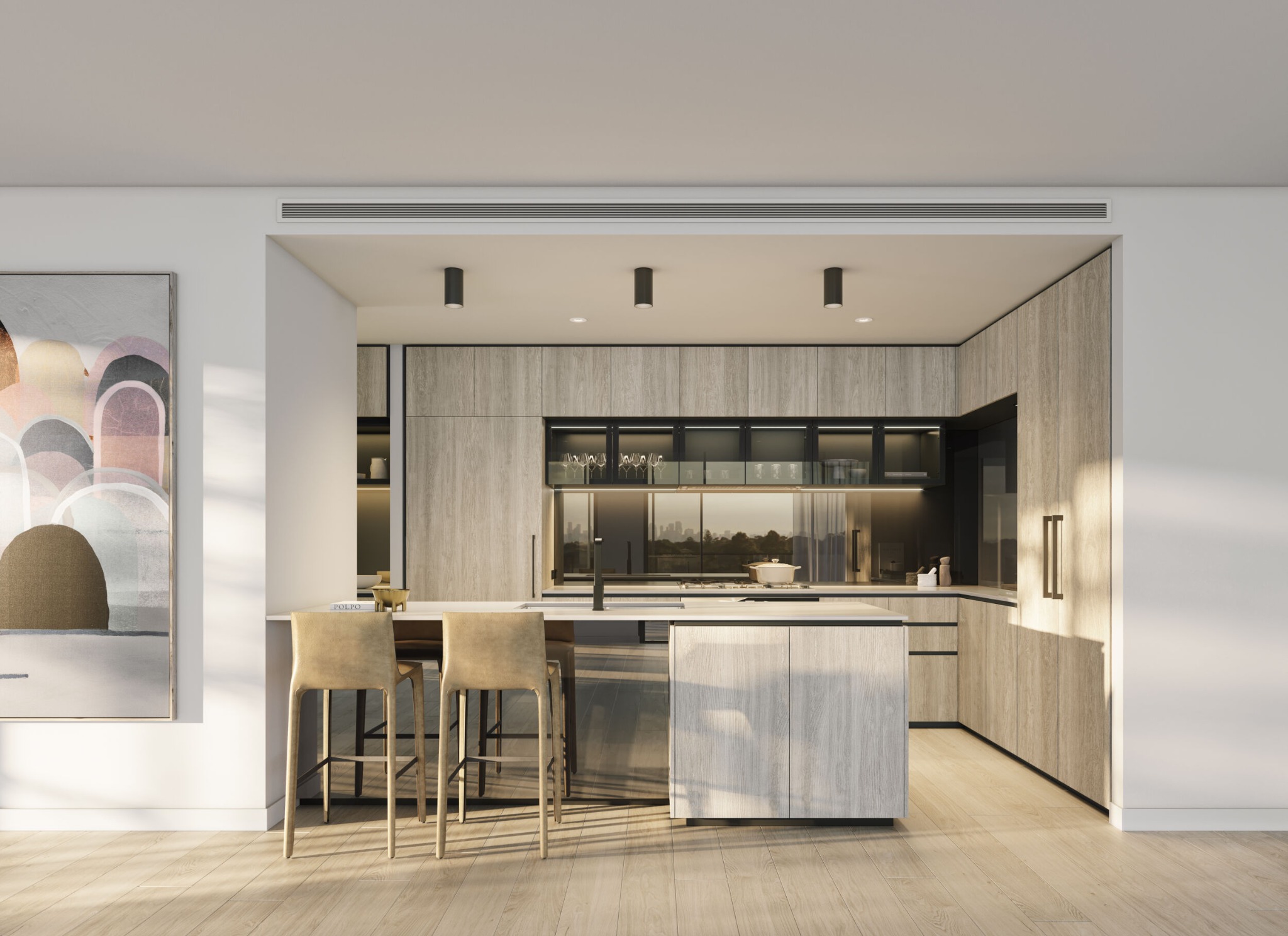 Light-filled kitchen and living of a lifestyle apartment